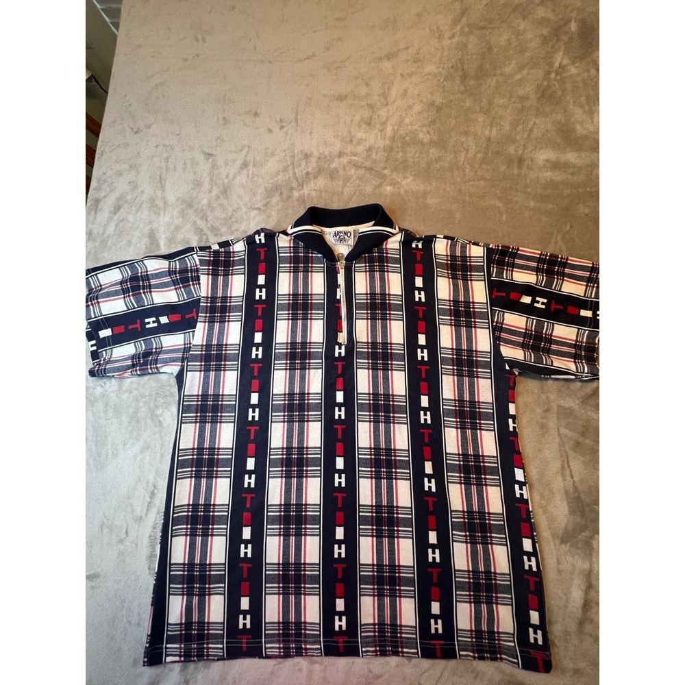 VTG Arpino Shirt Mens XL Blue Red Quarter Zip Plaid Graphic Polo Made in USA